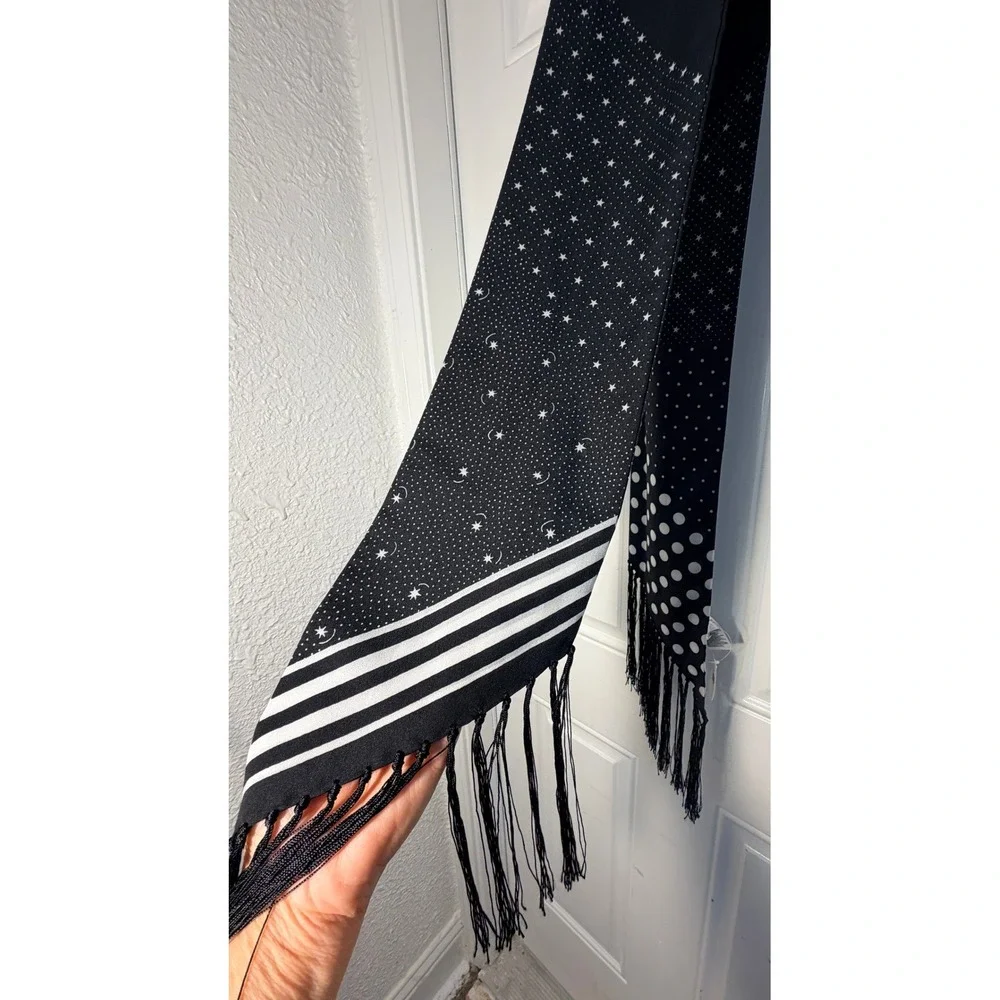 NWT Gap Skinny Scarf Black Mixed Print Celestial Stars Polka Dots Fringe Indie